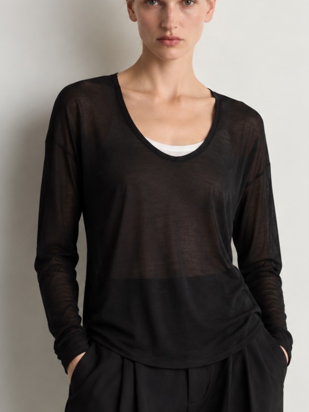 VINCE Black Sheer Layered Long Sleeve Top Size S